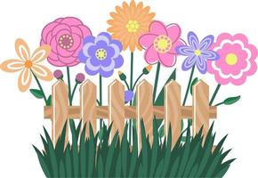 Spring cute flowers, fence and grass. Cartoon style. Isolated on white. Vector illustration