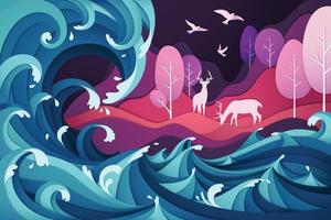 Deer wildlife with vector papercut style of rushing wave