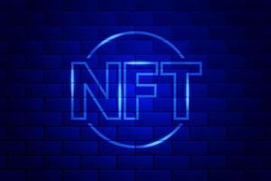 Concept banner NFT non fungible tokens on dark blue brick wall background. Vector illustration