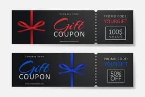 Set of gift coupons with red, blue ribbons and bows. Template for a festive gift voucher, invitation and certificate. Vector Illustration