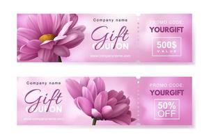 Set of gift coupons with two realistic pink chrysanthemum flowers. Template for a festive gift voucher, invitation and certificate. Vector Illustration