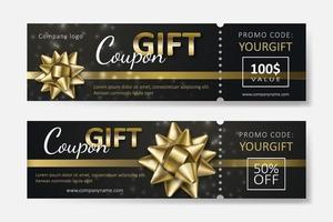 conjunto de cupones de regalo con cintas doradas y lazos. plantilla para un bono de regalo festivo, invitación y certificado. ilustración vectorial vector
