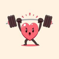 Cartoon heart character doing barbell weight training vector