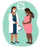 A pregnant African American girl came to the doctor gynecologist with questions, doubts, fears, concerns about the health of the baby and the upcoming birth. Care during pregnancy checkup vector