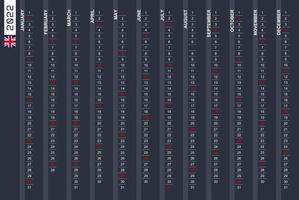 One-row vertical calendar for the year 2022 in English. English calendar for 2022 with highlighted Sundays. vector