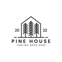 pine tree house vintage line art style logo design vector