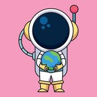 Astronaut holding planet earth, cute cartoon icon illustration vector