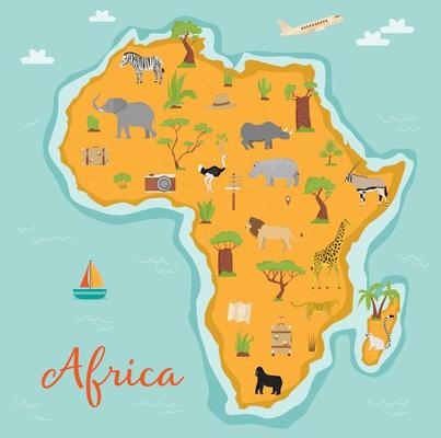 Map of Africa with wild animals and plants. Travel icons. Zebra, giraffe, elephant, hippopotamus, ostrich, giraffe, lion, cheetah, lemur, rhinoceros, antelope. Baobab and palm trees.