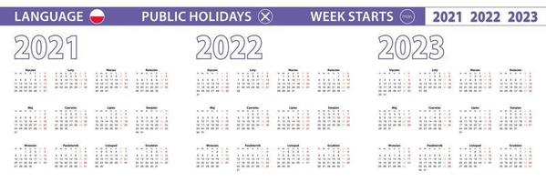 Simple calendar template in Polish for 2021, 2022, 2023 years. Week starts from Monday. vector