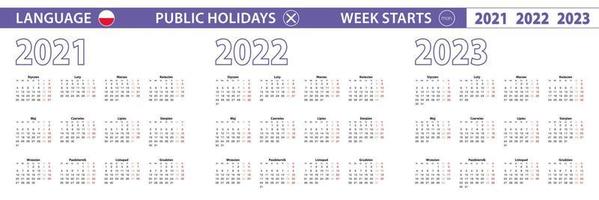 Simple calendar template in Polish for 2021, 2022, 2023 years. Week starts from Monday. vector