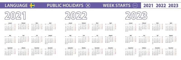 Simple calendar template in Swedish for 2021, 2022, 2023 years. Week starts from Monday. vector