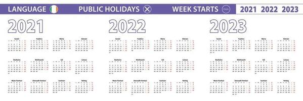 Simple calendar template in Irish for 2021, 2022, 2023 years. Week starts from Monday. vector