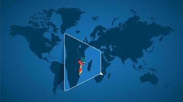 Detailed world map with pinned enlarged map of Mozambique and neighboring countries. vector