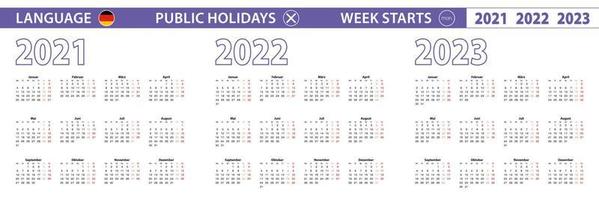 Simple calendar template in German for 2021, 2022, 2023 years. Week starts from Monday. vector