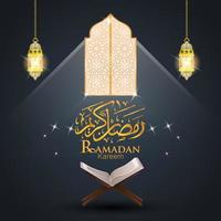Ramadan Kareem background design. beautiful golden calligraphic , shiny window and Al-Quran vector