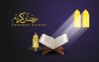 Ramadan Kareem background design. beautiful calligraphic, Al-Quran and light vector