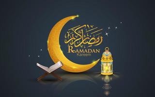 Ramadan Kareem background design. beautiful golden calligraphic, crescent moon, Al-Quran and lantern. vector