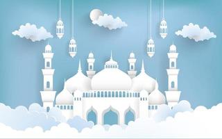 Ramadan Kareem with illustrations of mosques and lanterns. beautiful paper art style. vector