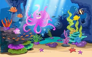 marine habitats and the beauty of coral. There are fish coral reef and giant octopus. vector
