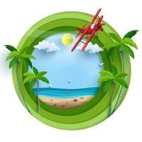 ilustración vectorial en unas vacaciones de verano. preciosas vistas a la playa. hay un avión. diseño de corte de papel vector