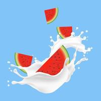 splash of milk on watermelon. blue background. vector