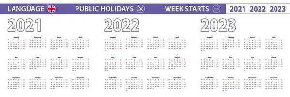 plantilla de calendario simple en inglés para 2021, 2022, 2023 años. la semana comienza a partir del lunes. vector