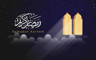 Ramadan Kareem background design. beautiful calligraphic and shiny window above clouds vector