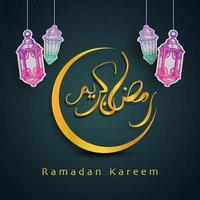 Ramadan Kareem. islamic design with hand drawn calligraphies, crescent moon and lantern paper art. vector