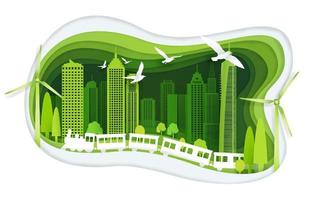 green city with building and ecology idea. paper art concept vector