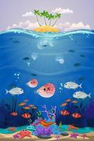 beautiful marine life with coral reef and sea fish . there is a beautiful little island. vector