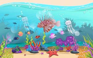 peces y arrecifes de coral en el mar. belleza submarina. hay un pez león vector
