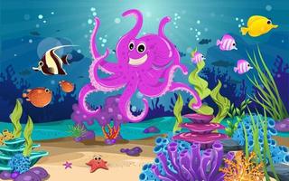 marine habitats and the beauty of coral. There are fish coral reef and giant octopus. vector