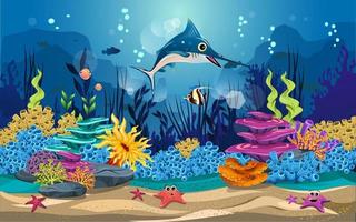hábitats marinos y la belleza de los arrecifes de coral. hay anémonas, peces y peces marlín tan graciosos. vector