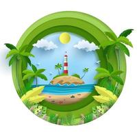 Vector illustration on a summer holiday. beautiful views of the beach. there is a lighthouse. paper cut design