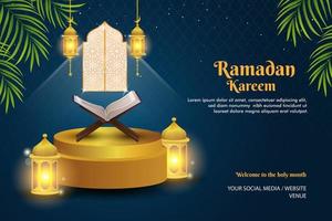 welcome to the holy month with lantern and blue background . ramadan background or banner template promo vector