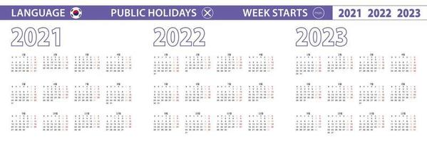 Simple calendar template in Korean for 2021, 2022, 2023 years. Week starts from Monday. vector