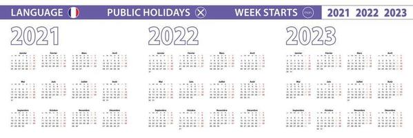 plantilla de calendario simple en francés para 2021, 2022, 2023 años. la semana comienza a partir del lunes. vector