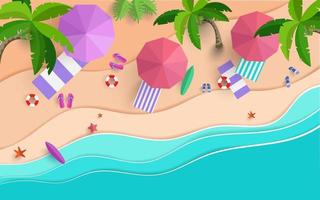 la escena de la playa desde arriba en verano. ilustración vectorial con diseño de corte de papel. Felices fiestas vector