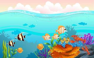 beautiful illustration of the sea. Marine Life Landscape.  Underwater and  the ocean with different animals. vector