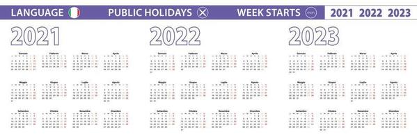 Simple calendar template in Italian for 2021, 2022, 2023 years. Week starts from Monday. vector