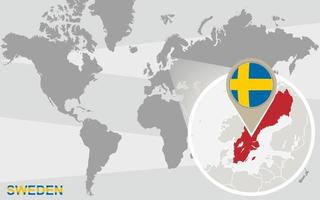 World map with magnified Sweden vector