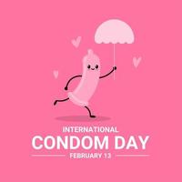 Cute condom character holding umbrella, as banner or poster, world contraception day and international condom day. vector illustration.