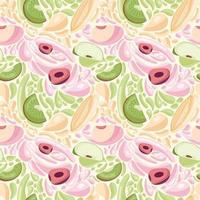 Fruit seamless pattern for textile products, fruit pieces with juice splashes, fruit smoothie in a flat style. vector