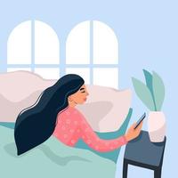 Happy young girl wakes up in the morning. Girl holding her smartphone while in bed. Good morning. Daily Routine Activities. Regular start of the day. vector