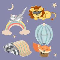Cute fox, lion, racoon and a cat in cartoon style. Vector illustration of sleeping animals, nursery decoration. A set of adorable characters.