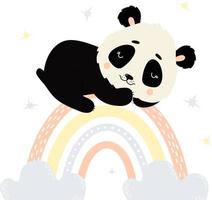 cute panda sleeps sweetly on rainbow.  Vector illustration in Scandinavian style. Baby animals character for nursery, design, decoration and postcards