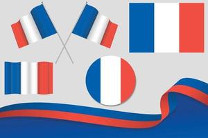 conjunto de banderas de francia en diferentes diseños, icono, banderas desolladas con cinta con fondo. vector libre