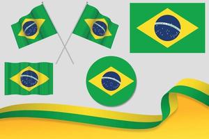 Set Of Brazil Flags In Different Designs, Icon, Flaying Flags With ribbon With Background. Free Vector