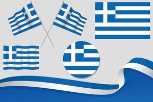 conjunto de banderas de grecia en diferentes diseños, icono, banderas desolladas con cinta con fondo. vector libre