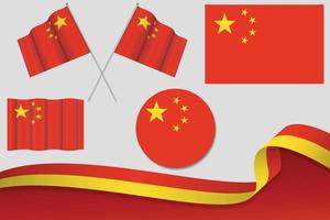 Set Of China Flags In Different Designs, Icon, Flaying Flags With ribbon With Background. Free Vector